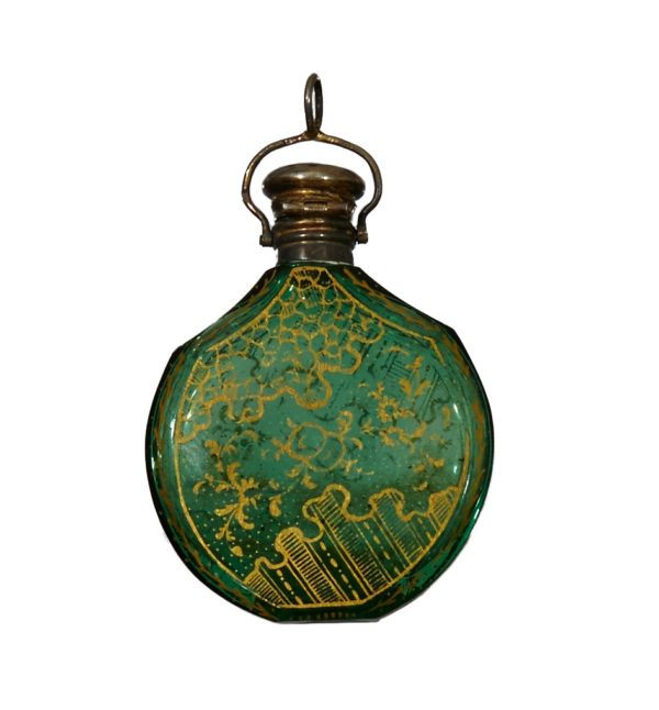 glass scent bottle, green with gilt decoration, hyalith, glass, 1870, bohemian