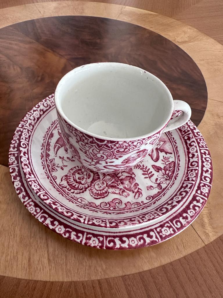 Punch and Judy, cup saucer plate, iconic subject,transfer printed, earthenware, 1890s, maker Allerton